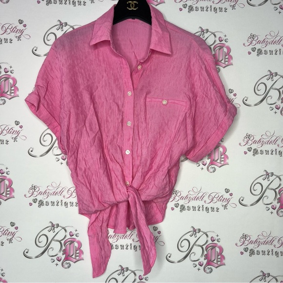Frnch Paris blouse pink striped tie front bow button down tshirt collared top - Picture 5 of 10
